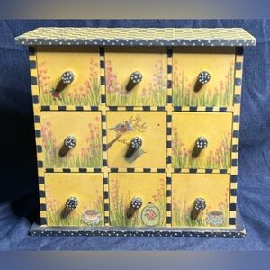 Vintage Hand-Painted “Tea Time” Wooden Nine-Drawer Organizer Box